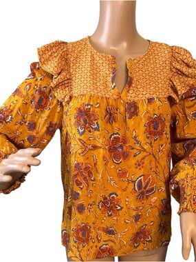 Farmers Market Floral Ruffle Yoke Blouse in Mustard
